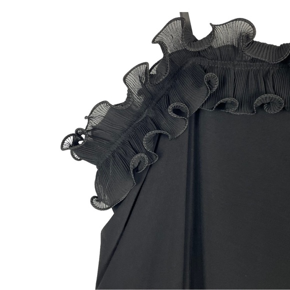 ADRIANNA PAPELL RUFFLE ONE SHOULDER BLOUSON WIDE LEG BLACK JERSEY JUMPSUIT - Picture 10 of 16